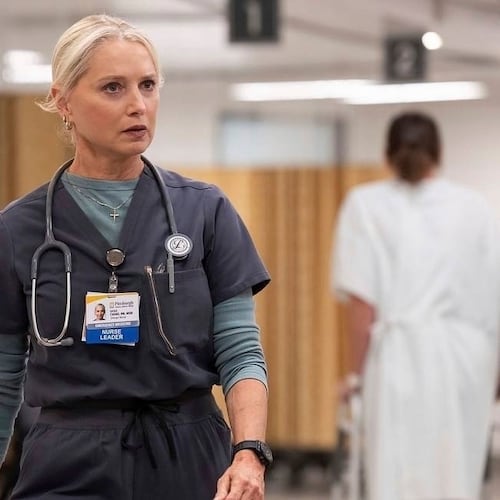 This image released by HBO shows Katherine LaNasa in a scene from "The Pitt." (HBO via AP)