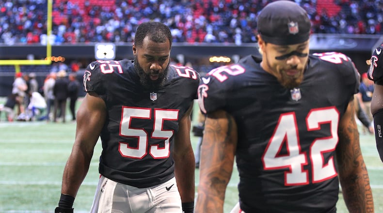 Nov 18, 2018 Atlanta: Atlanta Falcons linebackers Bruce Carter (left) and Duke Riley walk off the field dejected falling to the Dallas Cowboys 22-19 in a NFL football game on Sunday, Nov. 18, 2018, in Atlanta. Curtis Compton/ccompton@ajc.com