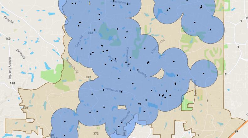 This map shows  half-mile radius bubbles around many of Milton horse farms. The public is asked to consider these sensitive animals when using fireworks nearby. (Courtesy City of Milton)