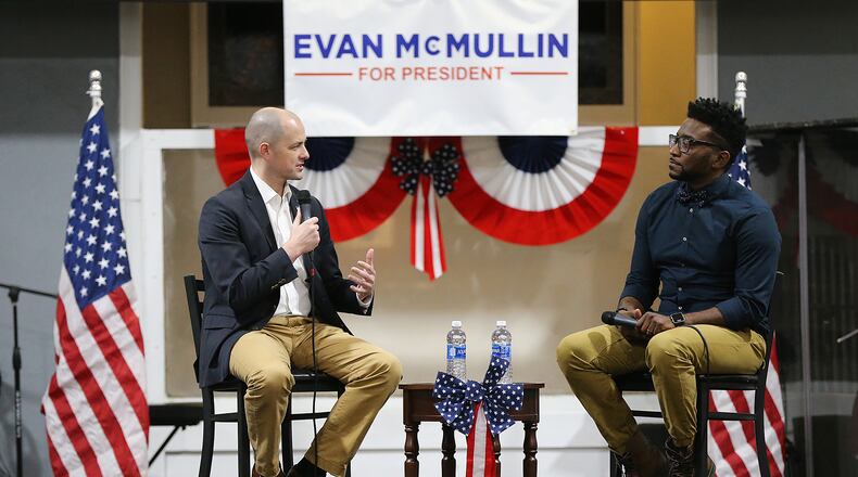 Write-in presidential candidate Evan McMullin answers a question on race from moderator Sho Baraka, a Christian rap artist, during a town-hall meeting at the Blueprint Church in Atlanta on Monday. Curtis Compton, ccompton@ajc.com