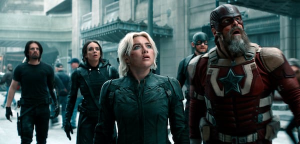 This image released by Marvel Studios shows, from left, Sebastian Stan, Hannah John-Kamen, Florence Pugh, Wyatt Russell and David Harbour in a scene from "Thunderbolts." (Disney-Marvel Studios via AP)