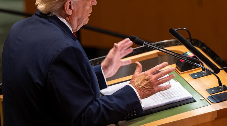FILE - President Donald Trump gestures as he addresses the 80th session of the United Nations General Assembly, Sept. 23, 2025, at U.N. headquarters. (AP Photo/Angelina Katsanis)