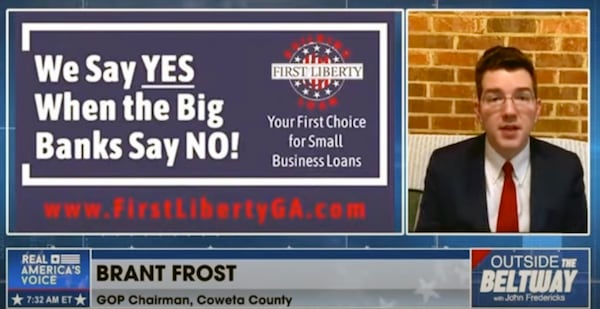 Brant Frost V framed First Liberty’s mission as part of a broader effort to fuel what he called “patriot economy.” Newnan-based First Liberty Building & Loan sent notice announcing it has ceased all business operations, suspending investment programs and is “cooperating with federal authorities as part of an effort to accomplish an orderly wind-up of the business.”  (YouTube screenshot)