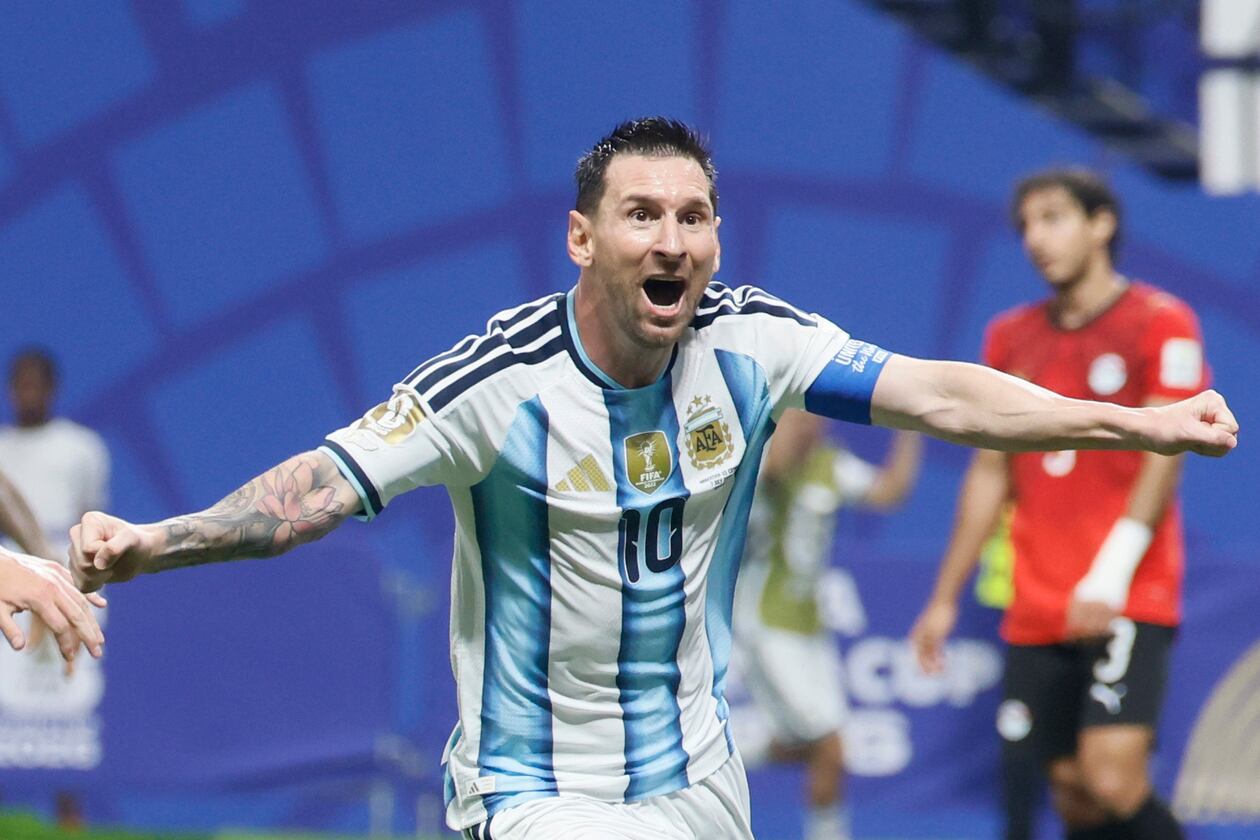 Argentina's Lionel Messi celebrates his goal during the second half of the Word Cup game against Egypt at Atlanta Stadium (Mercedes-Benz Stadium) on Tuesday, July 7, 2026. (Miguel Martinez/AJC)