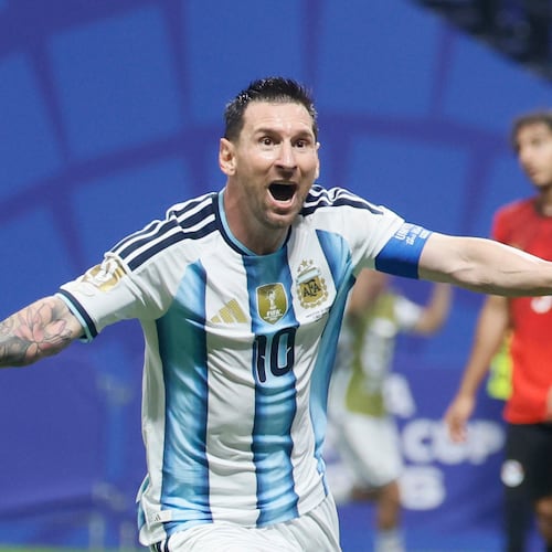Argentina's Lionel Messi celebrates his goal during the second half of the Word Cup game against Egypt at Atlanta Stadium (Mercedes-Benz Stadium) on Tuesday, July 7, 2026. (Miguel Martinez/AJC)