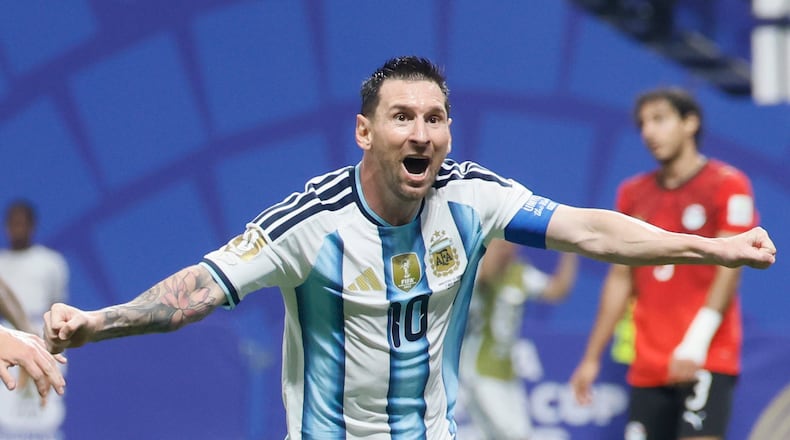 Argentina's Lionel Messi celebrates his goal during the second half of the Word Cup game against Egypt at Atlanta Stadium (Mercedes-Benz Stadium) on Tuesday, July 7, 2026. (Miguel Martinez/AJC)