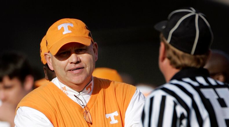 FILE - Tennessee head coach Phillip Fulmer questions a referee about a call in the fourth quarter of a college football game against Vanderbilt in Nashville, Tenn., on Nov. 18, 2006. (AP Photo/Mark Humphrey, File)