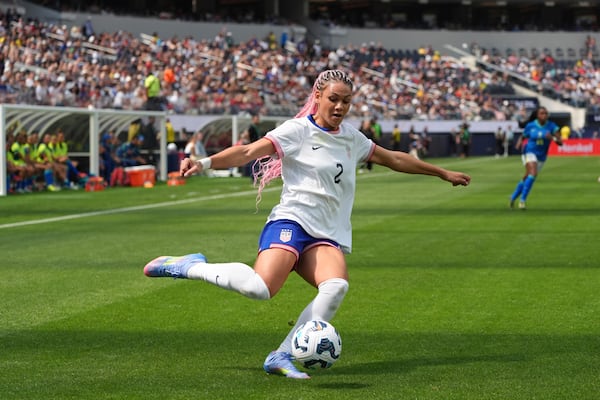 United States forward Trinity Rodman (2) passes the ball during the first half of a women's international friendly soccer match against Brazil in Inglewood, Calif. Saturday, April 5, 2025. (AP Photo/Jae C. Hong)