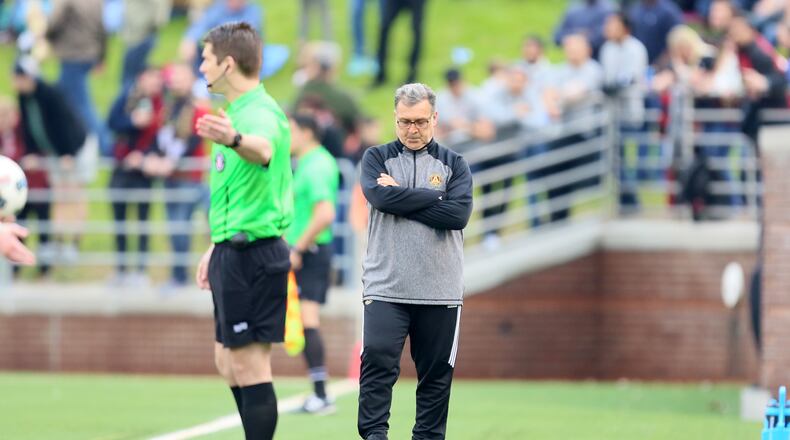 Atlanta United manager Gerardo Martino, shown on the sidelines during last week’s game at Chattanooga. (Miguel Martinez)