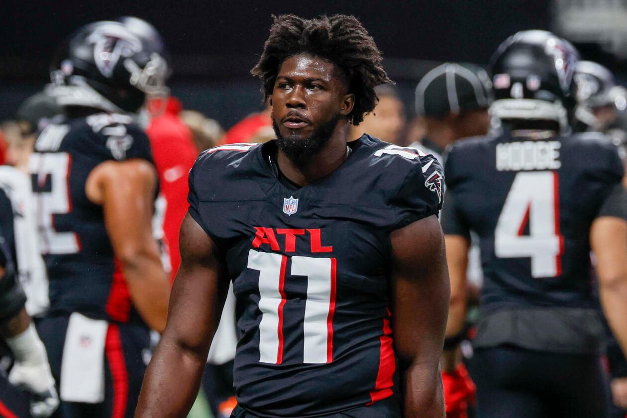 Falcons linebacker Jalon Walker leaves the field before their game against the Seattle Seahawks at Mercedes-Benz Stadium on Sunday, Dec. 7, 2025, in Atlanta. Walker exited Tuesday’s training camp practice after sustaining an injury. (Miguel Martinez/AJC)