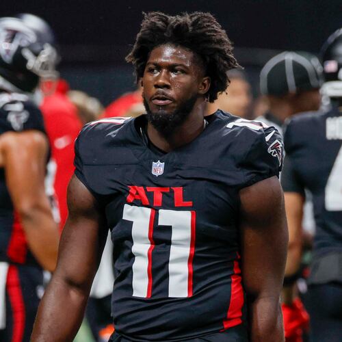 Falcons linebacker Jalon Walker leaves the field before their game against the Seattle Seahawks at Mercedes-Benz Stadium on Sunday, Dec. 7, 2025, in Atlanta. Walker exited Tuesday’s training camp practice after sustaining an injury. (Miguel Martinez/AJC)