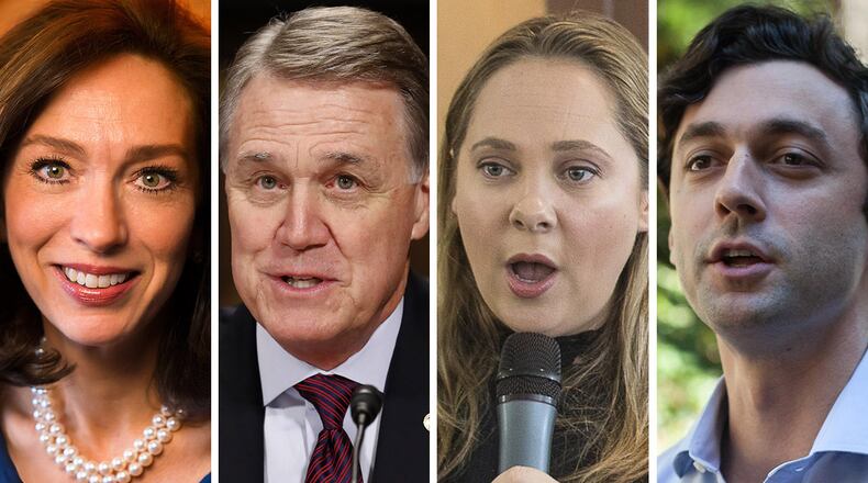 Current and potential candidates for Georgia U.S. Senate in 2020. From left to right: ex-Columbus Mayor Teresa Tomlinson; incumbent U.S. Sen. David Perdue; former lieutenant gov. candidate Sarah Riggs Amico; and former 6th District congressional candidate Jon Ossoff. Perdue is the only candidate formally in the race at the moment, but Tomlinson is expected to join the contest in the days ahead.