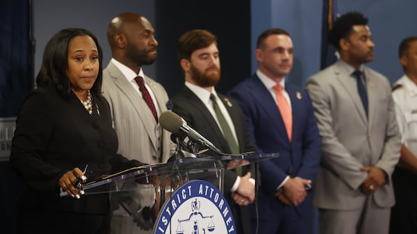 Atlanta DA Fani Willis gives a speech and talk to the press after the indictment of former President Trump and 18 others at Fulton County Courthouse on Monday, August 14, 2023 in Atlanta. (Michael Blackshire/Michael.blackshire@ajc.com)