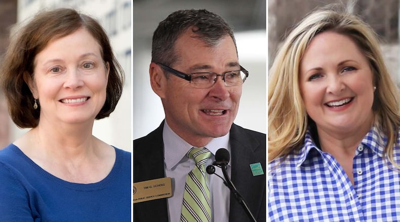 Patty Durand (left), Democratic candidate for the Public Service Commission, alleges that her potential opponent, Commissioner Tim Echols (center), and Commission Chairman Tricia Pridemore (right), coordinated to push state legislators to redraw district boundaries to disqualify her from the race.