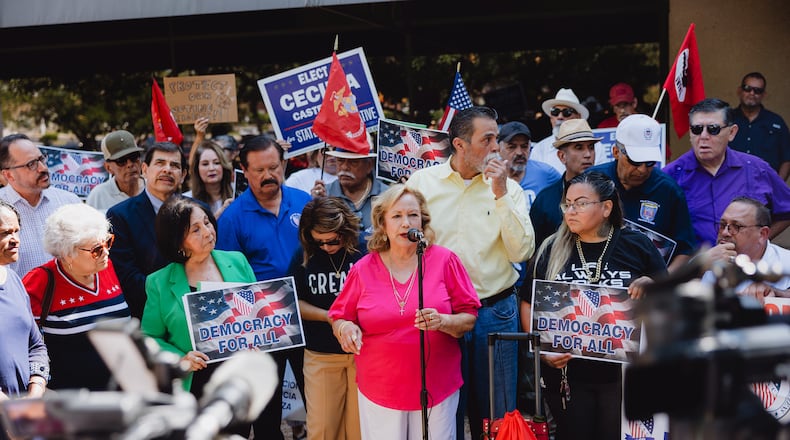 Lidia Martinez, an activist whose home was raided by law enforcement in connection with a voter fraud investigation, speaks at news conference that includes LULAC members, in San Antonio, Texas, Aug. 26, 2024. Since its founding, the League of United Latin American Citizens (LULAC) has encouraged Hispanic people to embrace American identity even as it fought discrimination. President-elect Donald Trump’s electoral gains among Latinos is pushing the civil rights group to reflect on its past. (Christopher Lee/The New York Times)