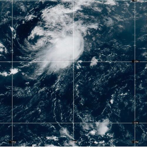 This NOAA satellite image taken at 11:21 a.m. EST on Wednesday, Aug. 12, 2026, shows Tropical Storm Cristobal in the Atlantic Ocean. (NOAA via AP)