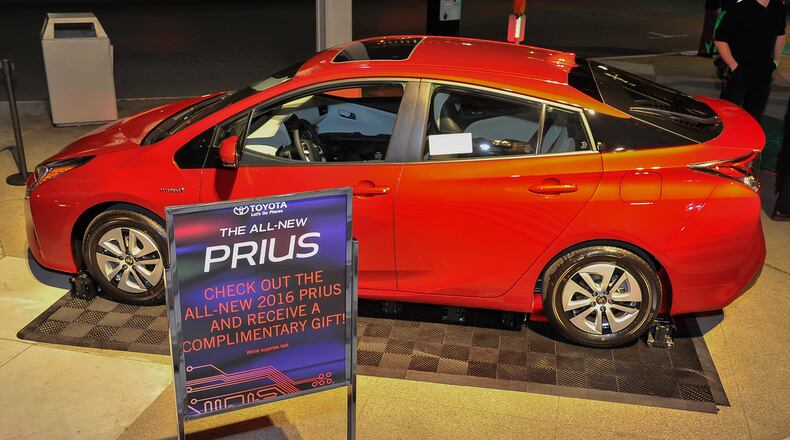 Toyota Prius vehicles are displayed at the TechCrunch 9th Annual Crunchies Awards at War Memorial Opera House on February 8, 2016 in San Francisco, California.