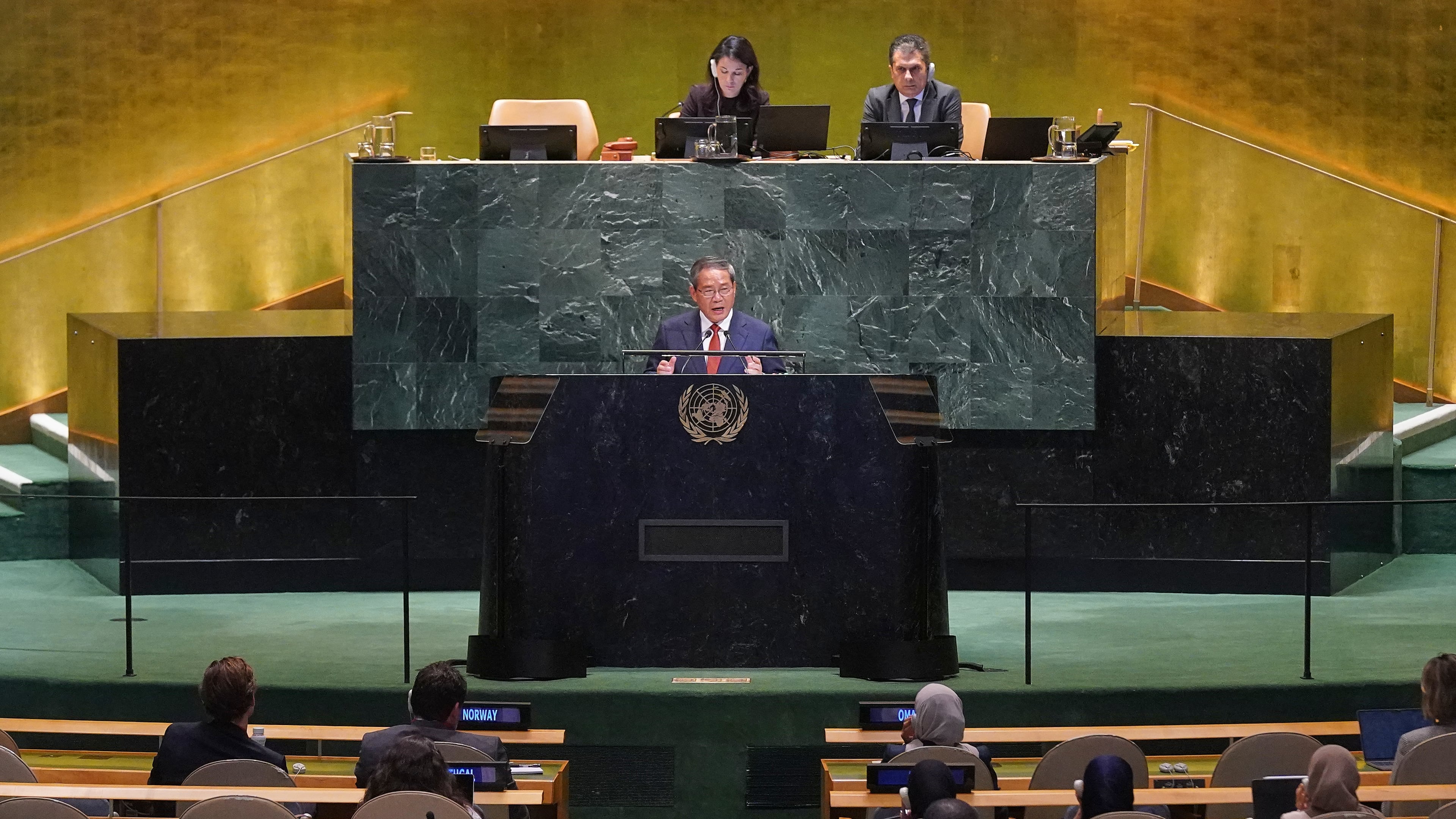 China Premier Li Qiang addresses the 80th session of the United Nations General Assembly, Friday, Sept. 26, 2025. (AP Photo/Richard Drew)