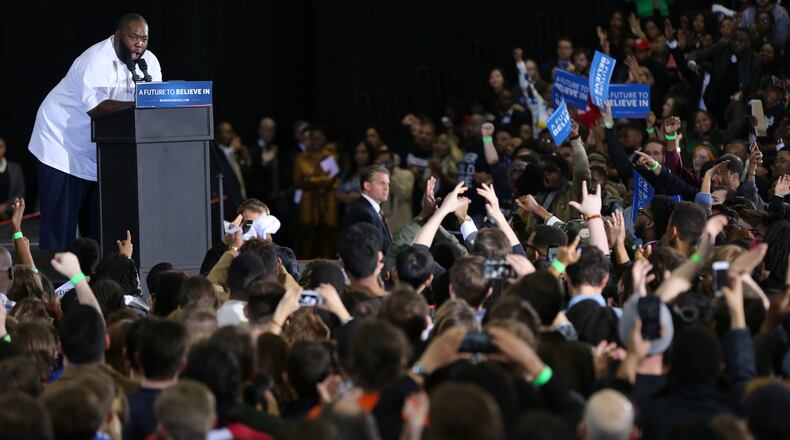 February 16, 2016 Atlanta: Hip-hop artist Killer Mike fires up the crowd at the Bernie Sanders campaign rally Tuesday evening February 16, 2016 at Morehouse College. Ben Gray / bgray@ajc.com