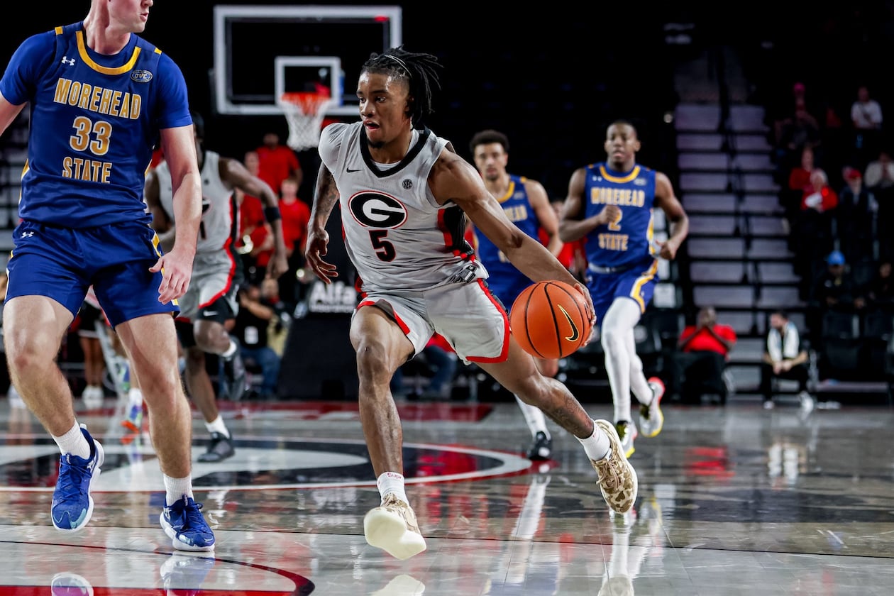 Georgia guard Jeremiah Wilkinson (5) during Georgia’s game against Morehead State at Stegeman Coliseum in Athens, Ga., on Sunday, Nov. 9, 2025.