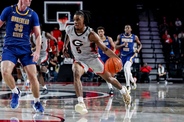 Georgia guard Jeremiah Wilkinson (5) during Georgia’s game against Morehead State at Stegeman Coliseum in Athens, Ga., on Sunday, Nov. 9, 2025.