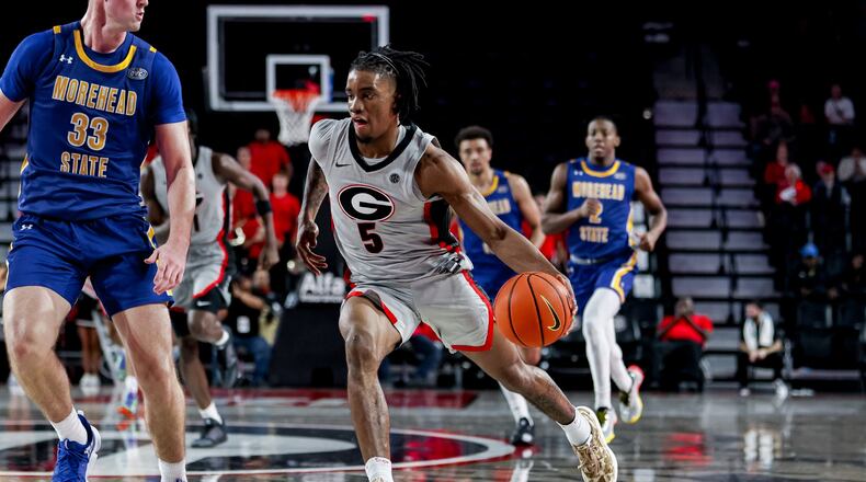 Georgia guard Jeremiah Wilkinson (5) during Georgia’s game against Morehead State at Stegeman Coliseum in Athens, Ga., on Sunday, Nov. 9, 2025.