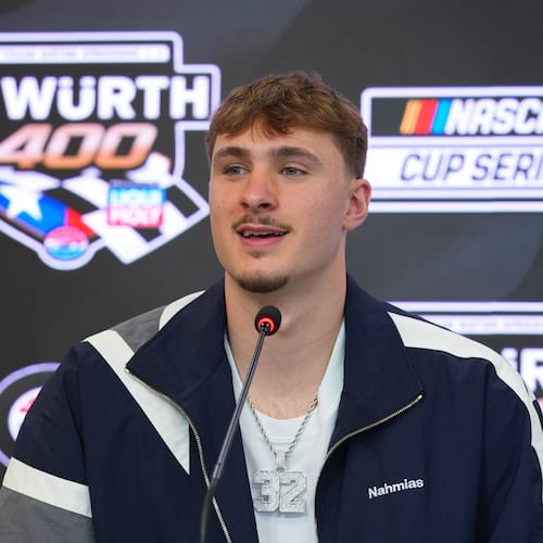 Dallas Mavericks forward Cooper Flagg answers a question before acting as honorary pace car driver for a NASCAR Cup Series auto race at Texas Motor Speedway in Fort Worth, Texas, Sunday, May 3, 2026. (AP Photo/LM Otero)