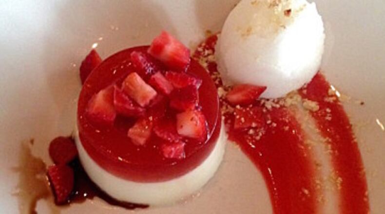 Seed's delectable strawberry panna cotta with hazelnut crumb, lemon sorbet and balsamic.