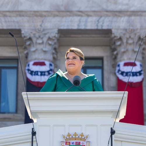 FILE - Jenniffer Gonzalez speaks after she was sworn in as governor outside the Capitol in San Juan, Puerto Rico, Jan. 2, 2025. (AP Photo/Alejandro Granadillo, File)