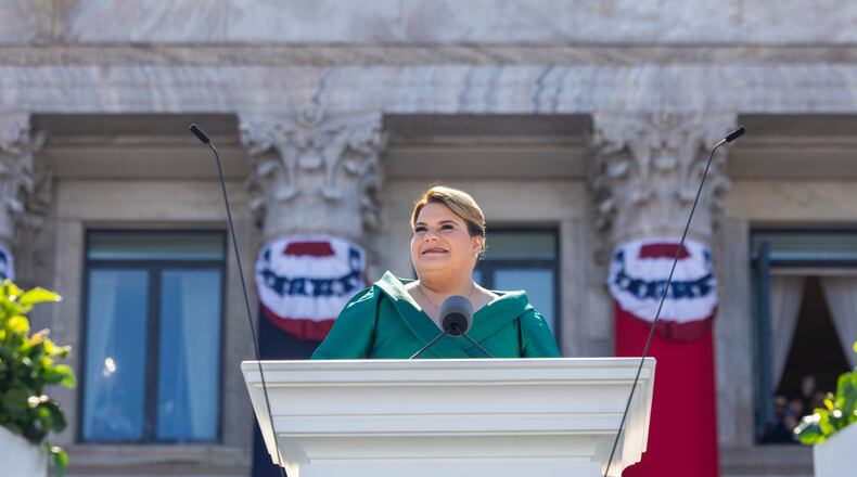 FILE - Jenniffer Gonzalez speaks after she was sworn in as governor outside the Capitol in San Juan, Puerto Rico, Jan. 2, 2025. (AP Photo/Alejandro Granadillo, File)