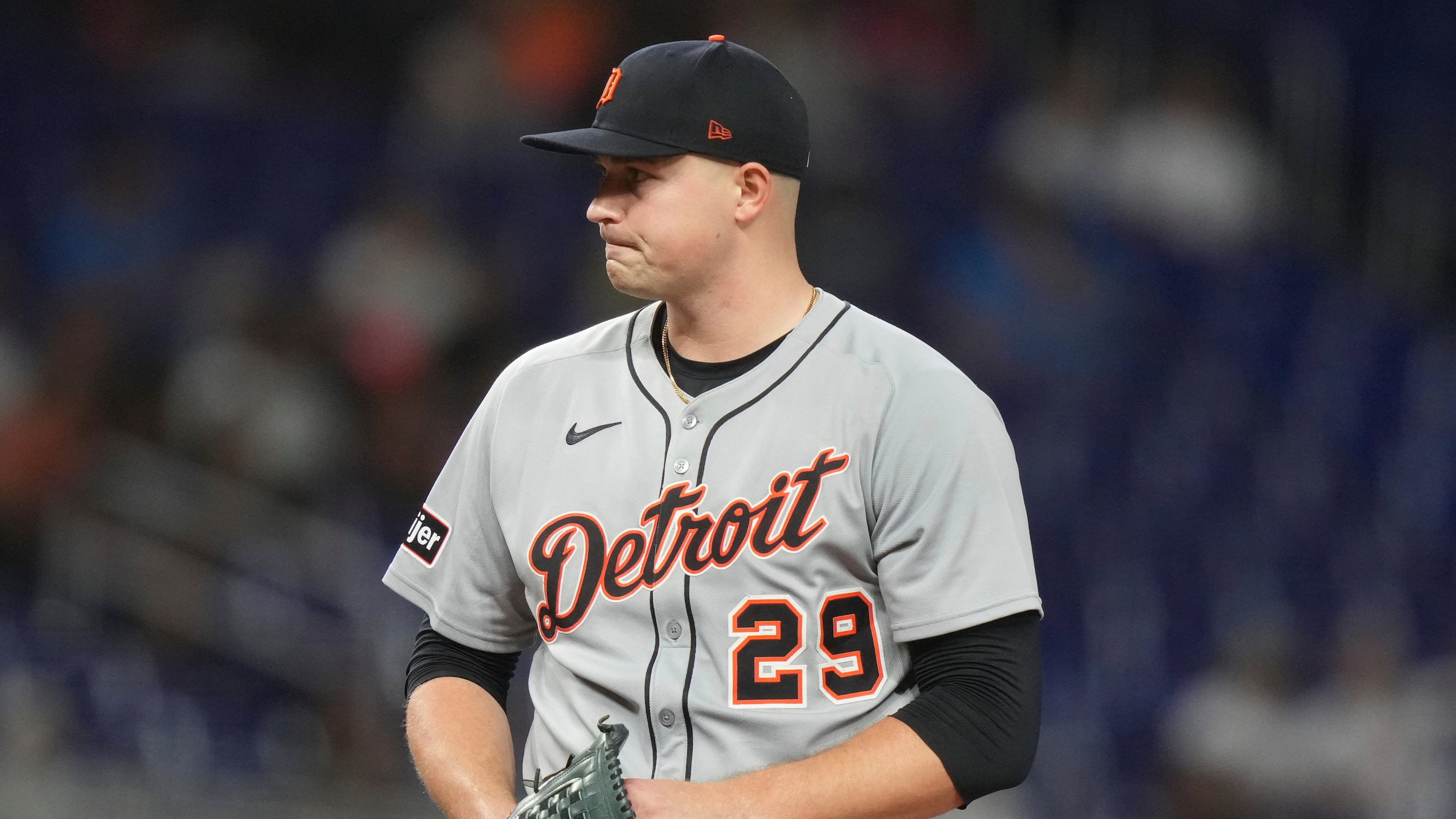 Detroit Tigers starting pitcher Tarik Skubal (29) stands on the mound after giving up a home run and a double during the second inning of a baseball game against the Miami Marlins, Friday, Sept. 12, 2025, in Miami. (AP Photo/Lynne Sladky)