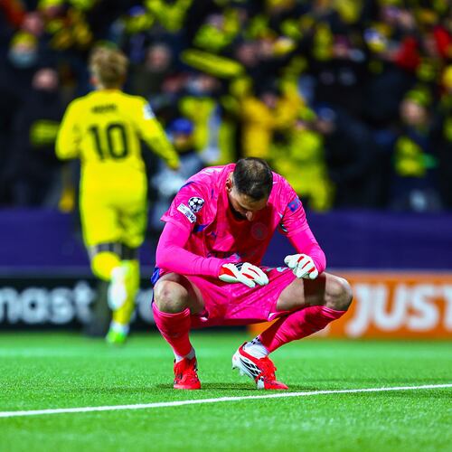 Manchester City goalkeeper Gianluigi Donnarumma after letting in a goal during the Champions League soccer match between Bodo/Glimt and Manchester City in Bodo, Norway, Tuesday, Jan. 20, 2026. (Fredrik Varfjell/NTB via AP)