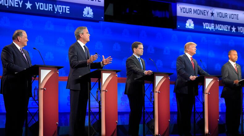 Jeb Bush, second from left, is flanked by Mike Huckabee, left, Marco Rubio, center, Donald Trump, second from right, and Ben Carson during the CNBC Republican presidential debate at the University of Colorado last week. AP/Mark J. Terrill