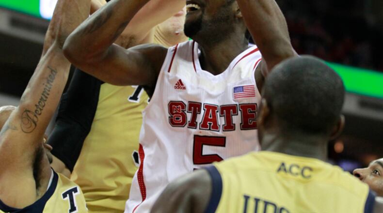 N.C. State's C.J. Leslie (5) shoots against Georgia Tech during the second half of the Wolfpack's 83-70 victory over Jackets at PNC Arena on Wednesday, January 9, 2013, in Raleigh, North Carolina. (Ethan Hyman/Raleigh News & Observer/MCT)
