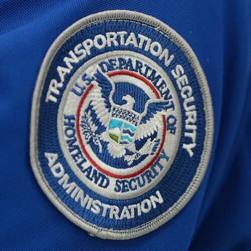 FILE - A Transportation Security Administration (TSA) workers's patch is displayed at Philadelphia International Airport, March 24, 2026, in Philadelphia. (AP Photo/Matt Rourke, File)