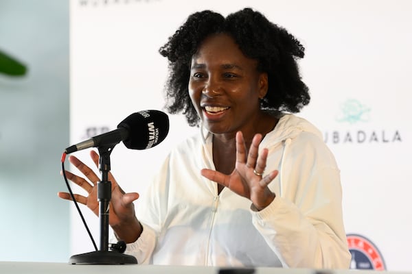 Venus Williams speaks to the media during a news conference at the Citi Open tennis tournament Sunday, July 20, 2025, in Washington. (AP Photo/Nick Wass)
