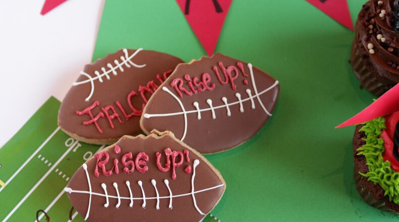 The pastry chef at Corner Cafe is going all-out with Falcons-themed treats, which means everything from chocolate-dipped strawberry footballs to #RiseUp cookies, and cupcakes topped with custom-made Falcons helmets and “grass” frosting.