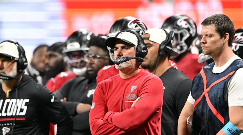 Atlanta Falcons head coach Kevin Stefanski reacts during the first half of an NFL preseason game at Mercedes-Benz Stadium on Friday, Aug. 14, 2026, in Atlanta. (Hyosub Shin/AJC)