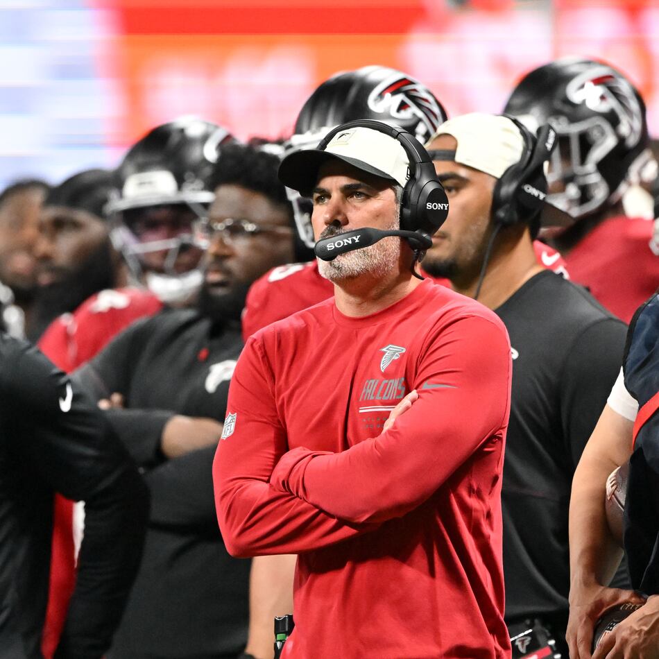 Atlanta Falcons head coach Kevin Stefanski reacts during the first half of an NFL preseason game at Mercedes-Benz Stadium on Friday, Aug. 14, 2026, in Atlanta. (Hyosub Shin/AJC)