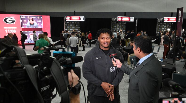 Georgia defensive lineman Jalen Carter speaks during a media day ahead of the national championship game between Georgia and TCU, Saturday, Jan. 7, 2023, in Los Angeles. (Hyosub Shin / Hyosub.Shin@ajc.com)