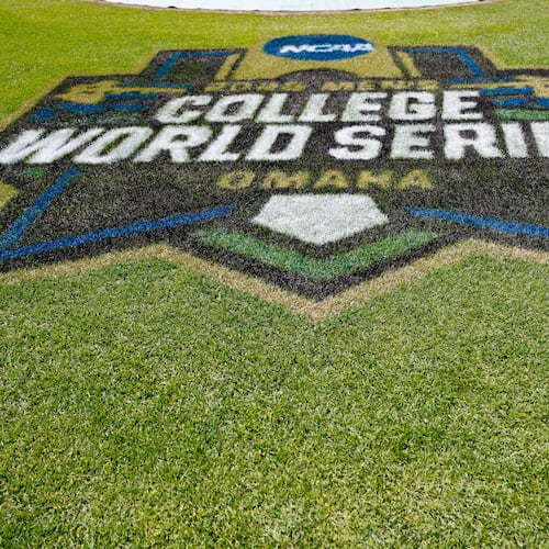 FILE - Field logo during an NCAA College World Series baseball game on Saturday, June 14, 2025 in Omaha, Neb. (AP Photo/Cory Eads, File)