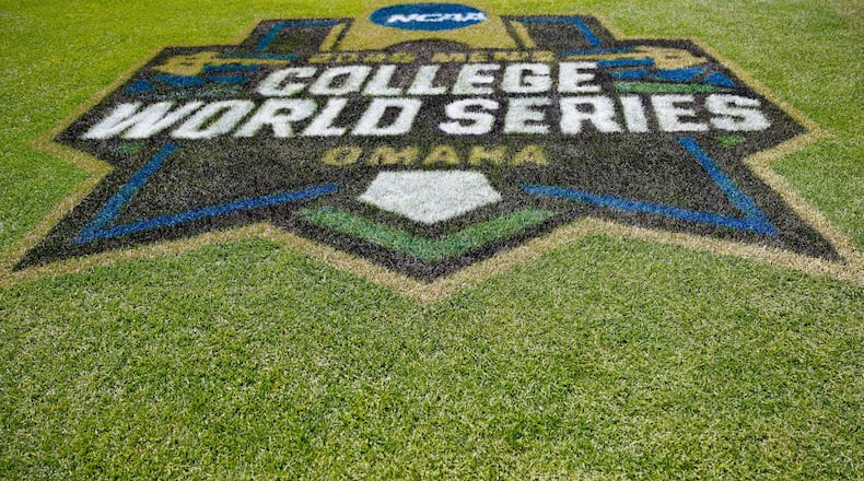 FILE - Field logo during an NCAA College World Series baseball game on Saturday, June 14, 2025 in Omaha, Neb. (AP Photo/Cory Eads, File)
