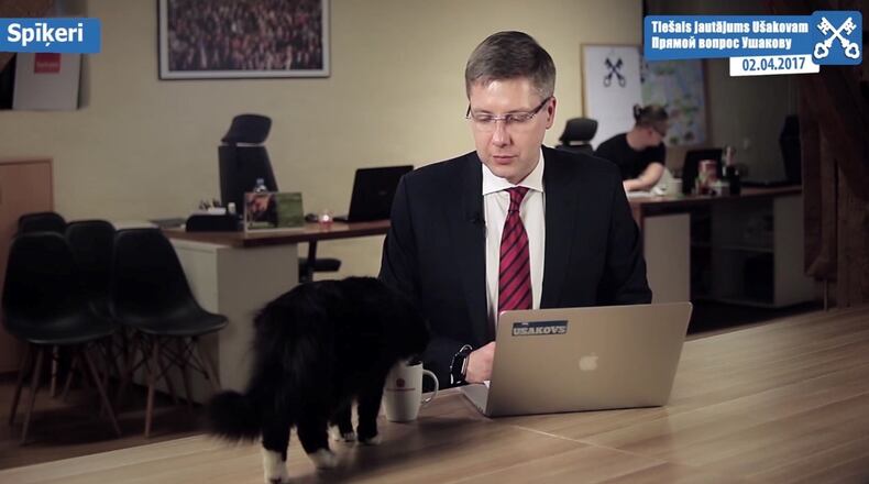 The Mayor of Riga Nils Usakovs looks down at his cat Dumka as it drinks from his cup while the mayor recording a video that was aired on Sunday April 2, 2017. (Nils Usakovs via AP)