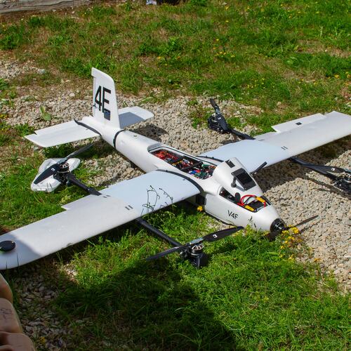 A custom made reconnaissance drone is seen at the Hohenfels training center in Germany during an annual training exercise taking place at the facility in Hohenfels, Germany, Aug. 29, 2026. (AP Photo/Konstantin Toropid)