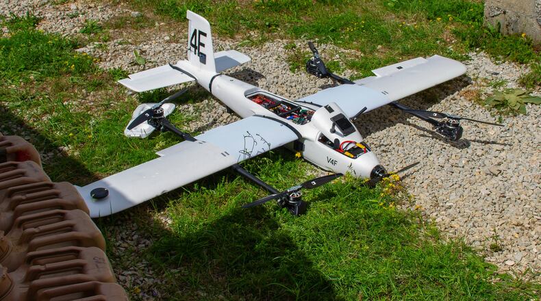 A custom made reconnaissance drone is seen at the Hohenfels training center in Germany during an annual training exercise taking place at the facility in Hohenfels, Germany, Aug. 29, 2026. (AP Photo/Konstantin Toropid)