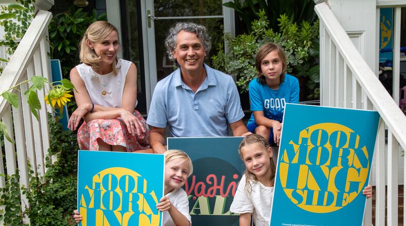 (Clockwise from top left) Emily O'Brien poses with her family Eric, Ellis (age 9), Elizabeth (7) and Chap (5) with their yard art signs at their Morningside home. Eric & his colleague Jonathan Buiel came up with some colorful "Good Morningside" signs to help local businesses suffering form the Covid-19 slowdown which have been adopted by many area stores. Net proceeds from the signs are used to buy gift certificates so the businesses benefit immediately. The gift certificates are then given to Atlanta Public School Morningside Elementary (MES) PTA to be auctioned off at school fundraisers Ð a double whammy of doing good! PHIL SKINNER FOR THE ATLANTA JOURNAL-CONSTITUTION.