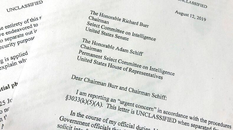 This is a redacted version of the whistleblower complaint at the center of the Trump impeachment probe, released by the House Intelligence Committee, Thursday, Sept. 26, 2019 in Washington.