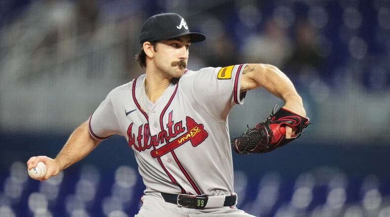 Atlanta Braves starting pitcher Spencer Strider throws during the first inning of a baseball game against the Miami Marlins, Thursday, May 21, 2026, in Miami. (Lynne Sladky/AP)