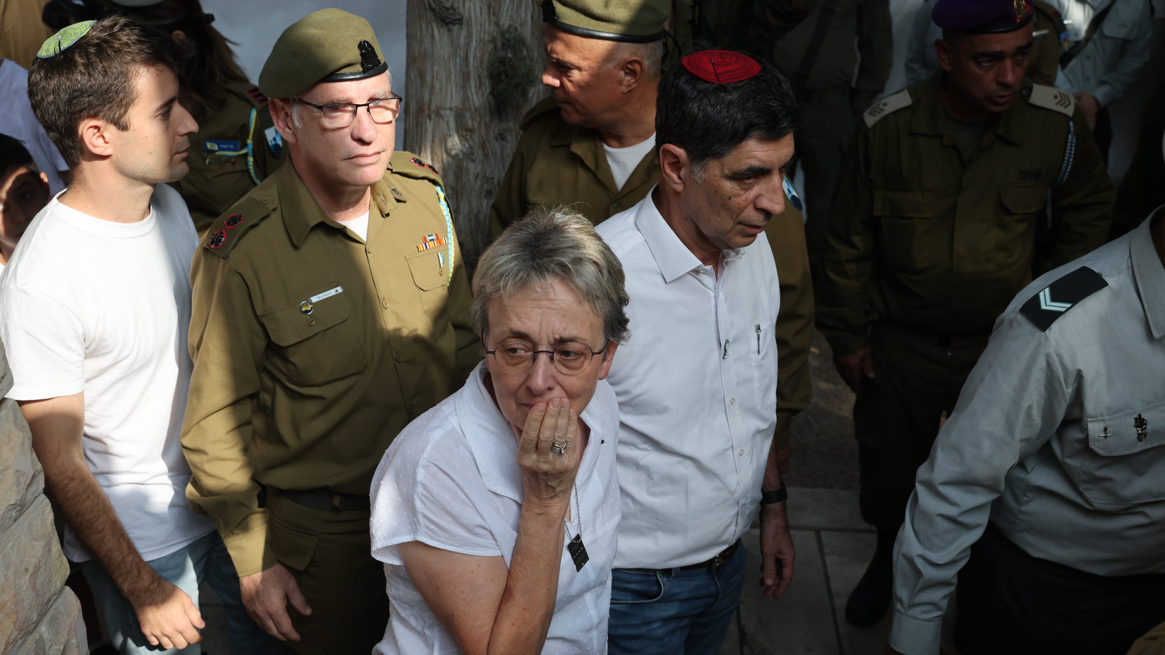 Leah and Simcha Goldin, the parents of late Israeli hostage soldier Hadar Goldin, attend his funeral, in Kfar Saba, Israel, Tuesday, Nov. 11, 2025. Goldin was killed in 2014 and his body was returned as part of the current ceasefire deal between Israel and Hamas. (Abir Sultan/Pool Photo via AP)