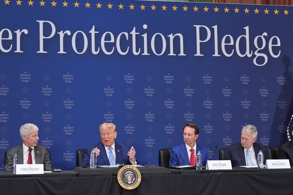 President Donald Trump speaks at the Environmental Protection Agency Thursday, July 23, 2026, in Washington, as Energy Secretary Chris Wright, Louisiana Gov. Jeff Landry and Idaho Gov. Brad Little listen. (Alex Brandon/AP)